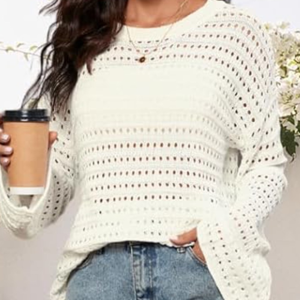 White Crochet Sweater Open Weave Cozy Cotton Blend Bell Sleeves Amazon NWOT - Picture 1 of 8